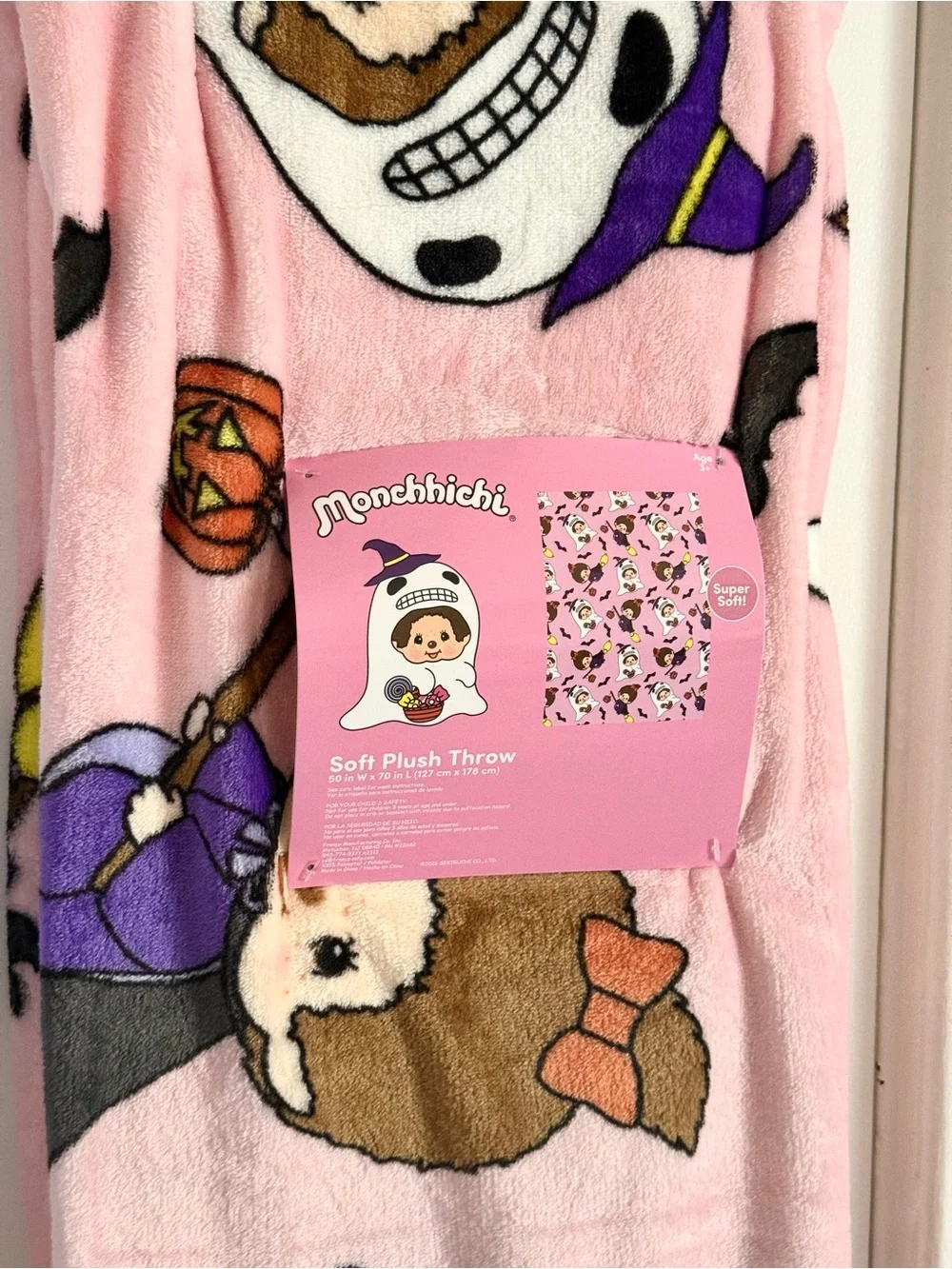 Monchhichi Pink Plush Throw Blanket - Soft Cozy Throw
